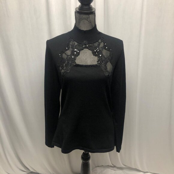 Venus Black Long Sleeve Sweater Womens Size Large Lace Sequin Detail Keyhole - Picture 1 of 8